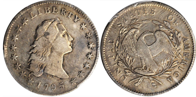1795 Flowing Hair Silver Dollar. Steel grey color on both the obverse and reverse. Details all present with slight wear on higher points. The reverse contains adjustment marks on the lettering around the rim. Some protected areas contain a hint of luster. Overall, a nice problem free, straight grade coin with no major flaws.